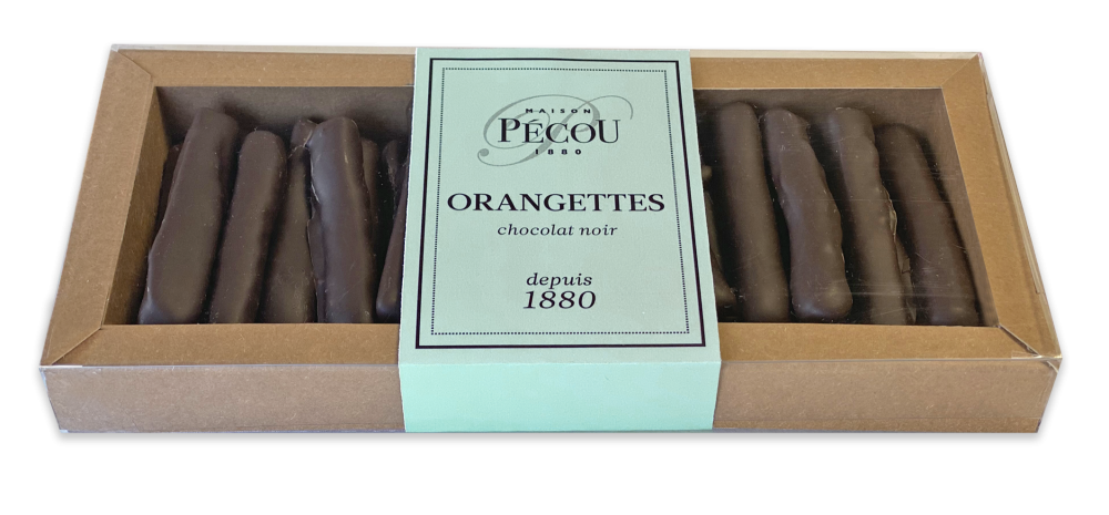 Candied orange peels ORANGETTES coated in dark chocolate