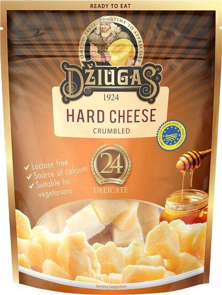 Cheese DZIUGAS Delicate, crumbled, 40% RSM, 24 months, lactose free, 100 g