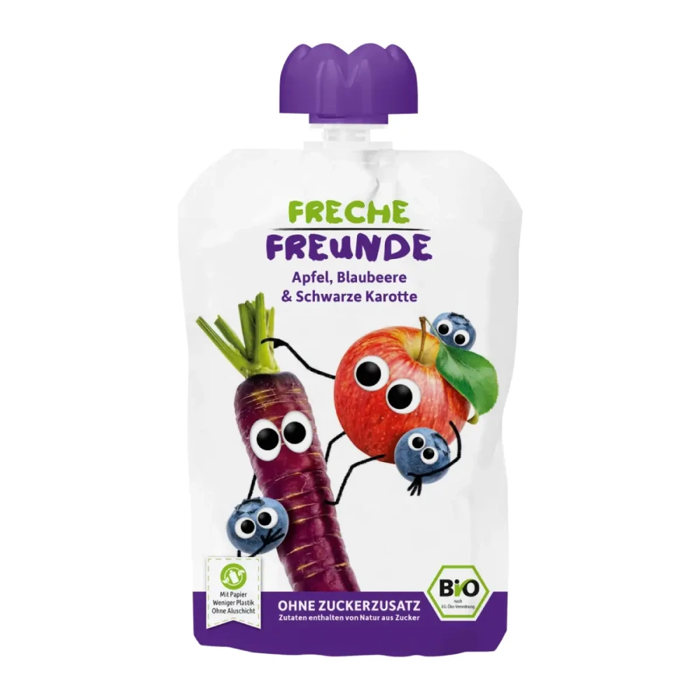 Organic apple, blueberry, and black carrot puree, suitable from 12 months.