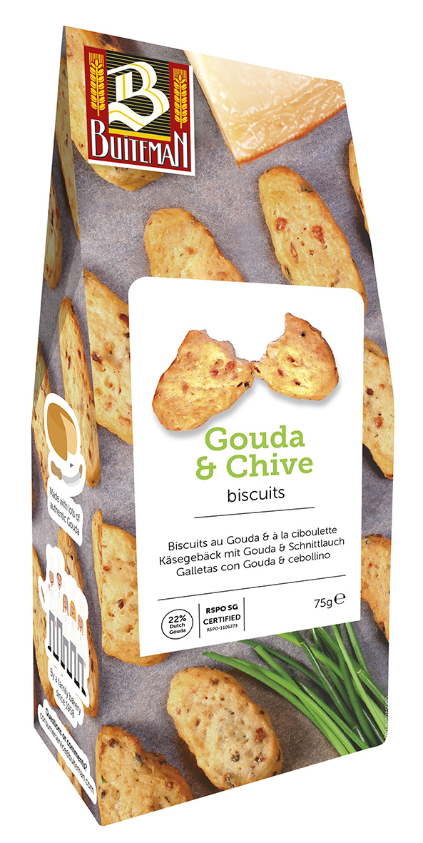 Sūrio sausainiai BUITEMAN, su brandintu Gouda sūriu ir svogūnų laiškais, 75 g
