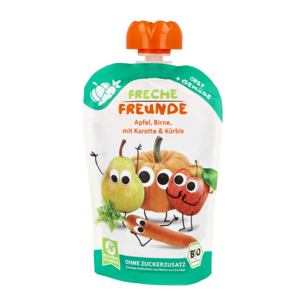 Organic apple, pear, carrot, and pumpkin puree, suitable for 12 months and older