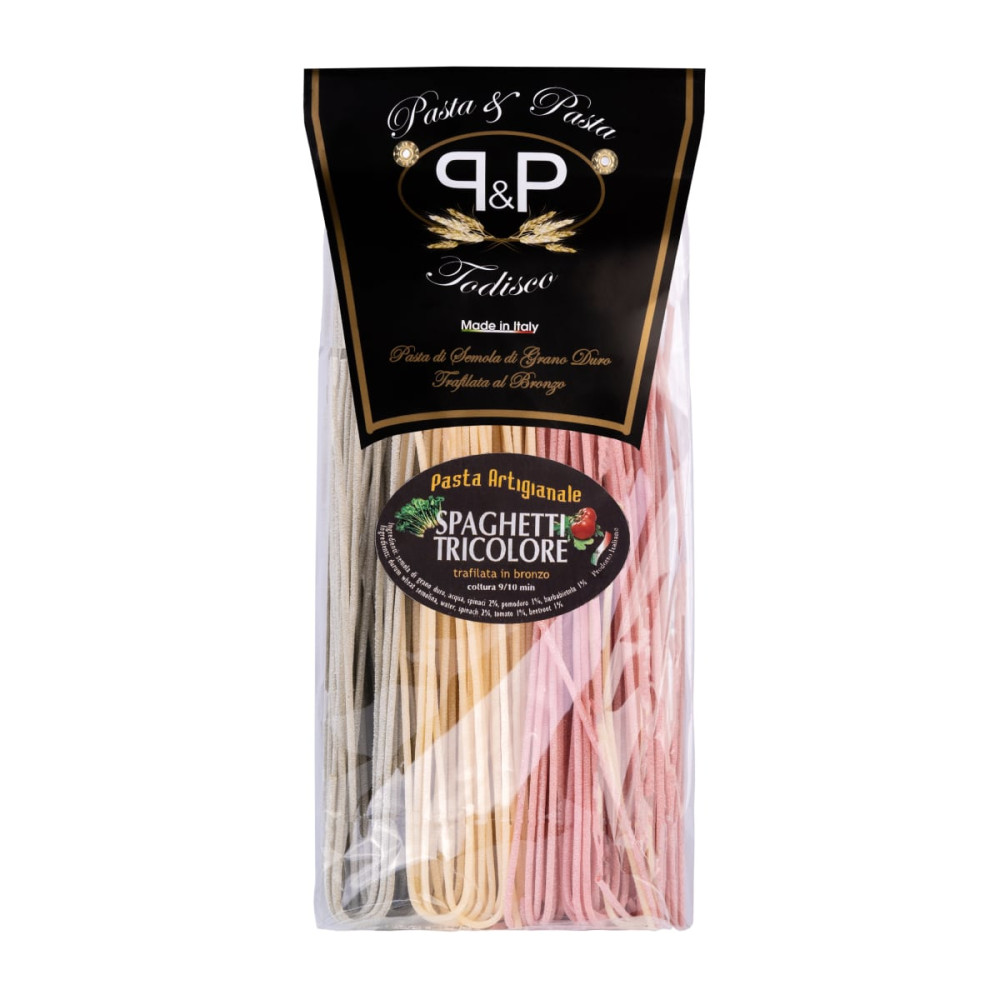 Three-colored spaghetti pasta