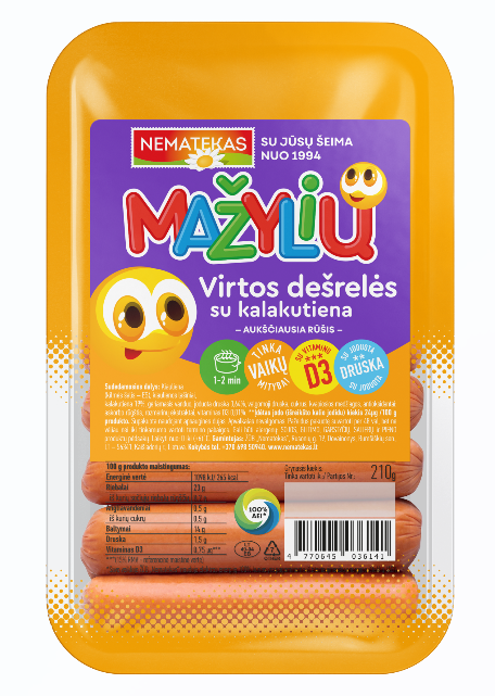 Boiled MAŽYLIŲ sausages, with turkey, vit. D, iodized salt, a.r., 210g