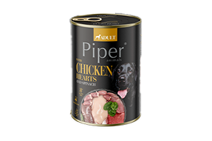 Ėdalas suaugusiems šunims su vištų širdelėmis ir špinatais PIPER 400g