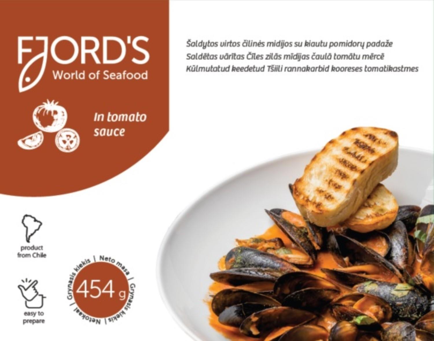 Frozen Chilean mussels FJORD'S, whole, cooked, in tomato sauce, 20/40, 454g
