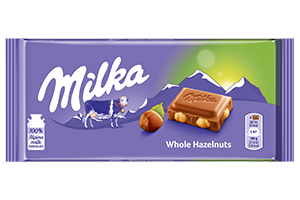 Pieninis šokoladas MILKA WHOLE HAZELNUT su sveikais lazdyno riešutais, 100 g