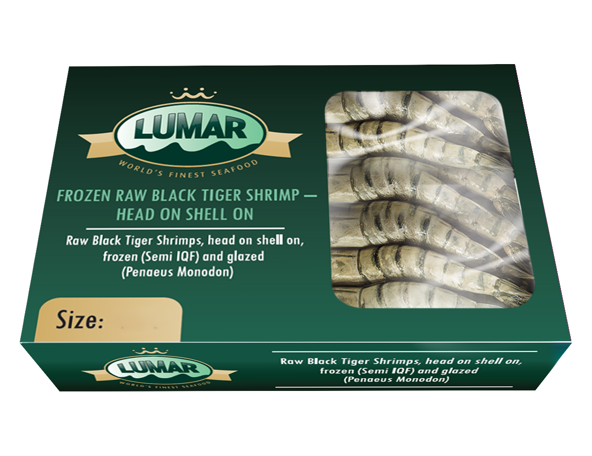 Black tiger prawns, raw, head on, shell on, 13/15, 20%, 800g