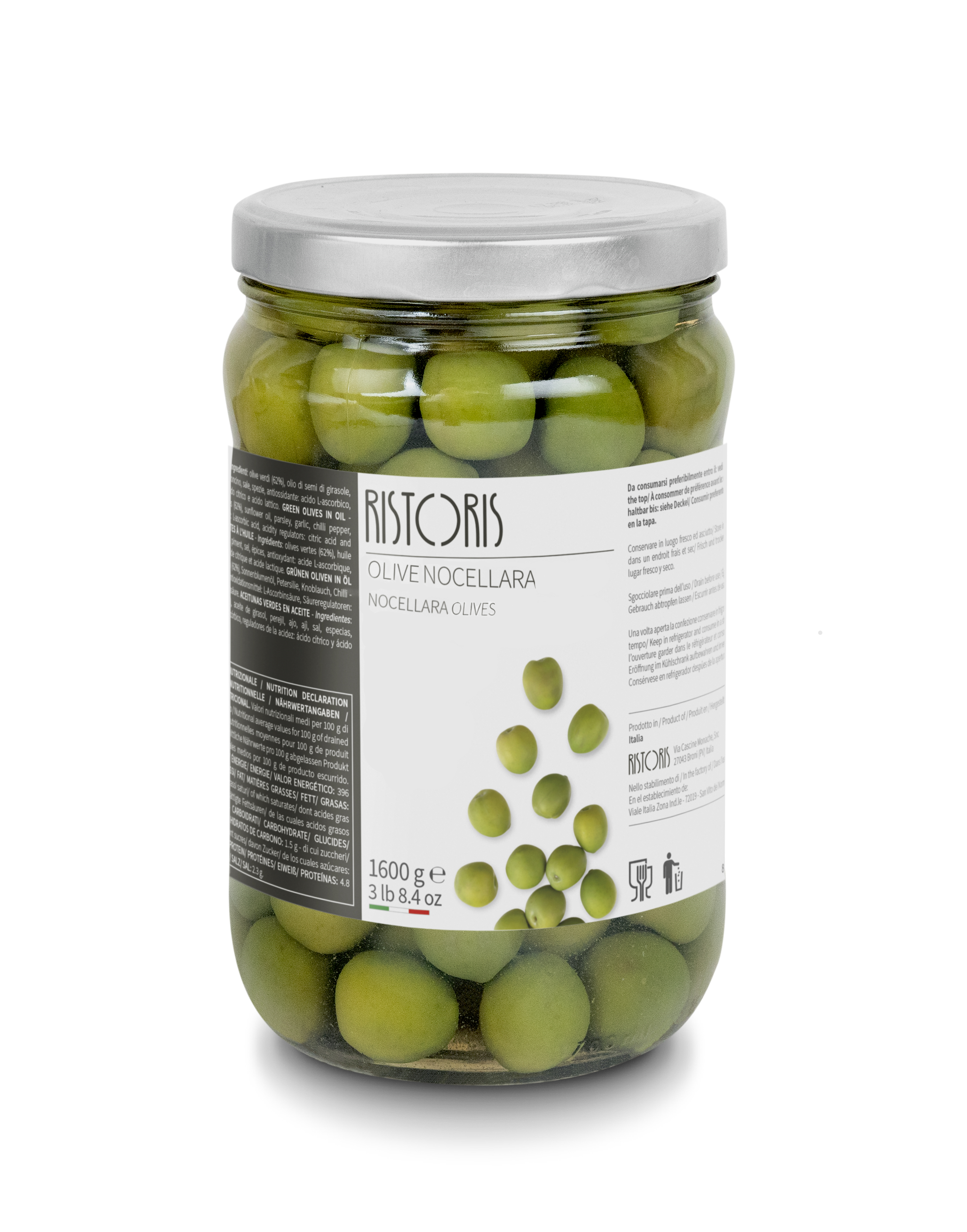 Large olives RISTORIS, Nocellara, pitted, 1.65 kg