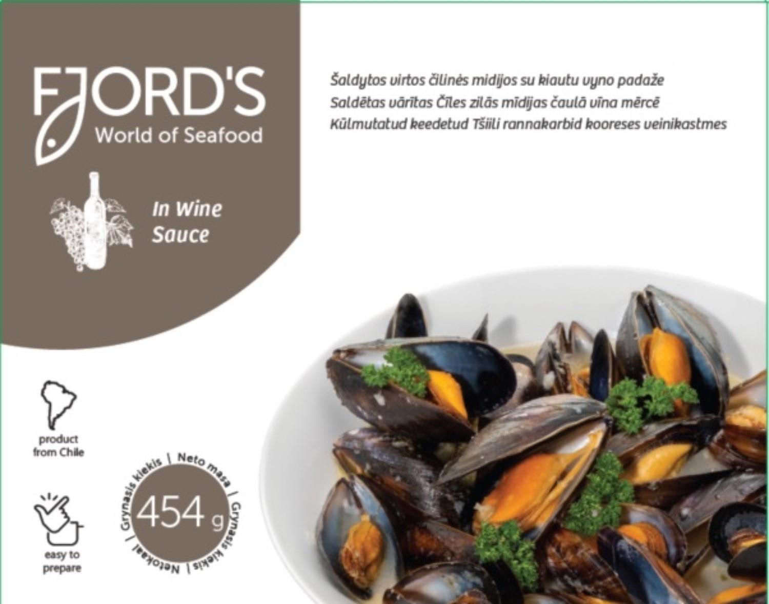 Frozen Chilean mussels FJORD'S, whole, cooked, in white wine sauce, 20/40, 454g