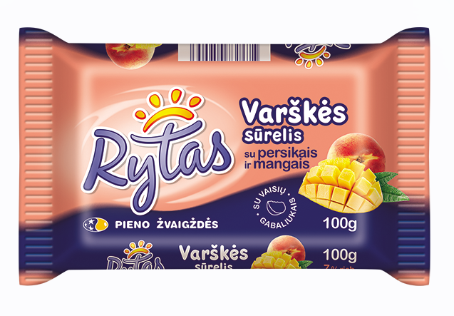 Cottage cheese RYTAS, with peaches and mangoes, 7%, 100 g