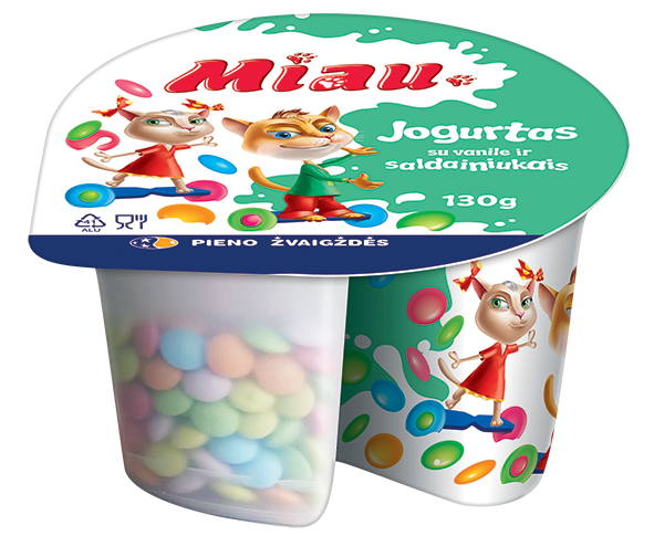 Yogurt MIAU, with vanilla and candy, 5.5% r., 130g