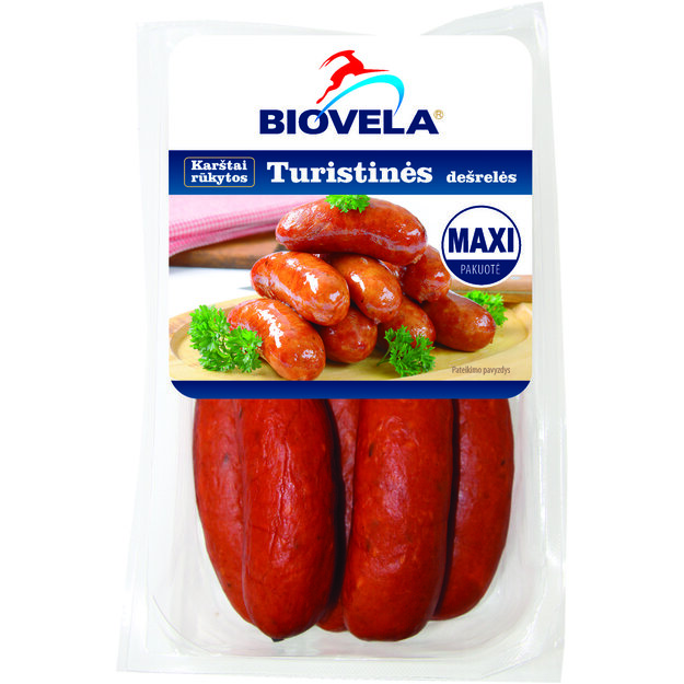 Hot smoked sausages BIOVELA, Turistinės, II rūšis, 800 g