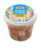 Didžiosios surimio krevetės VIČI česnakų skonio aliejuje, 320 g