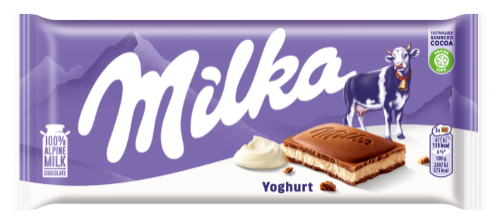 Pieninis šokoladas MILKA, iš alpių pieno, su jogurtiniu įdaru, 100g