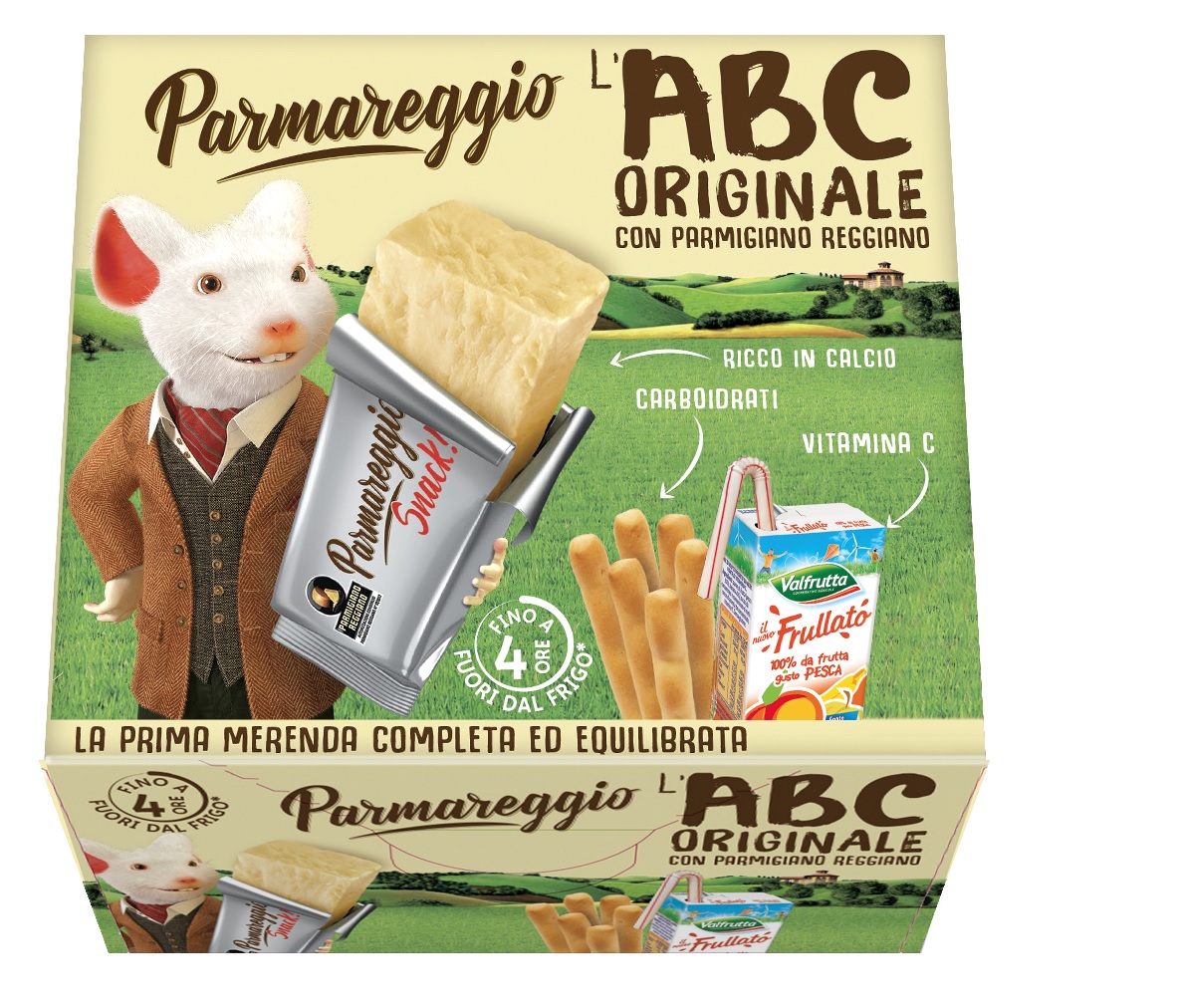 Parmareggio užkandis ABC, PARMIGIANO sūrio batonėlis,grisinis lazdelės, persikų sultys.162g