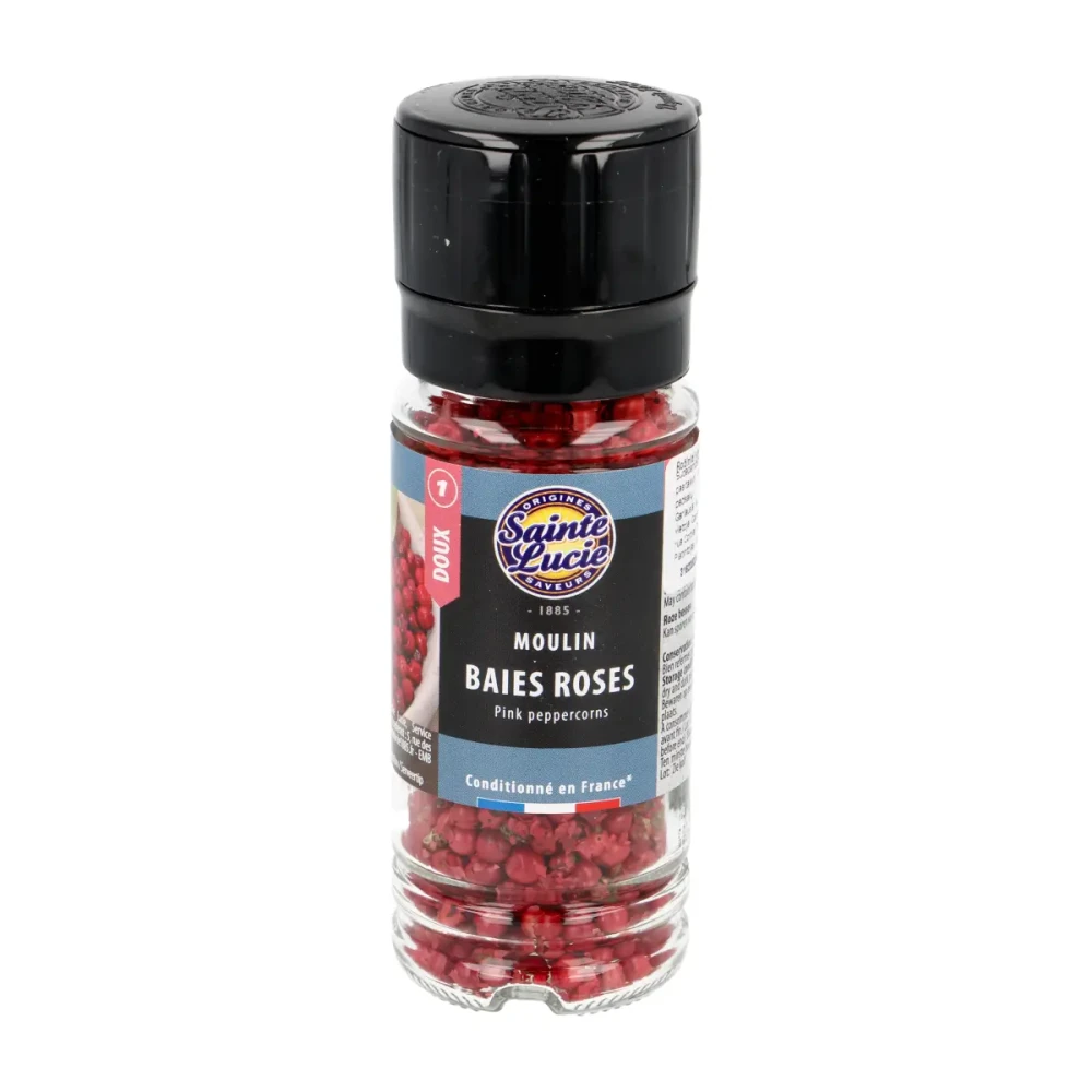 Pink peppercorns BAIES ROSES, in a grinder