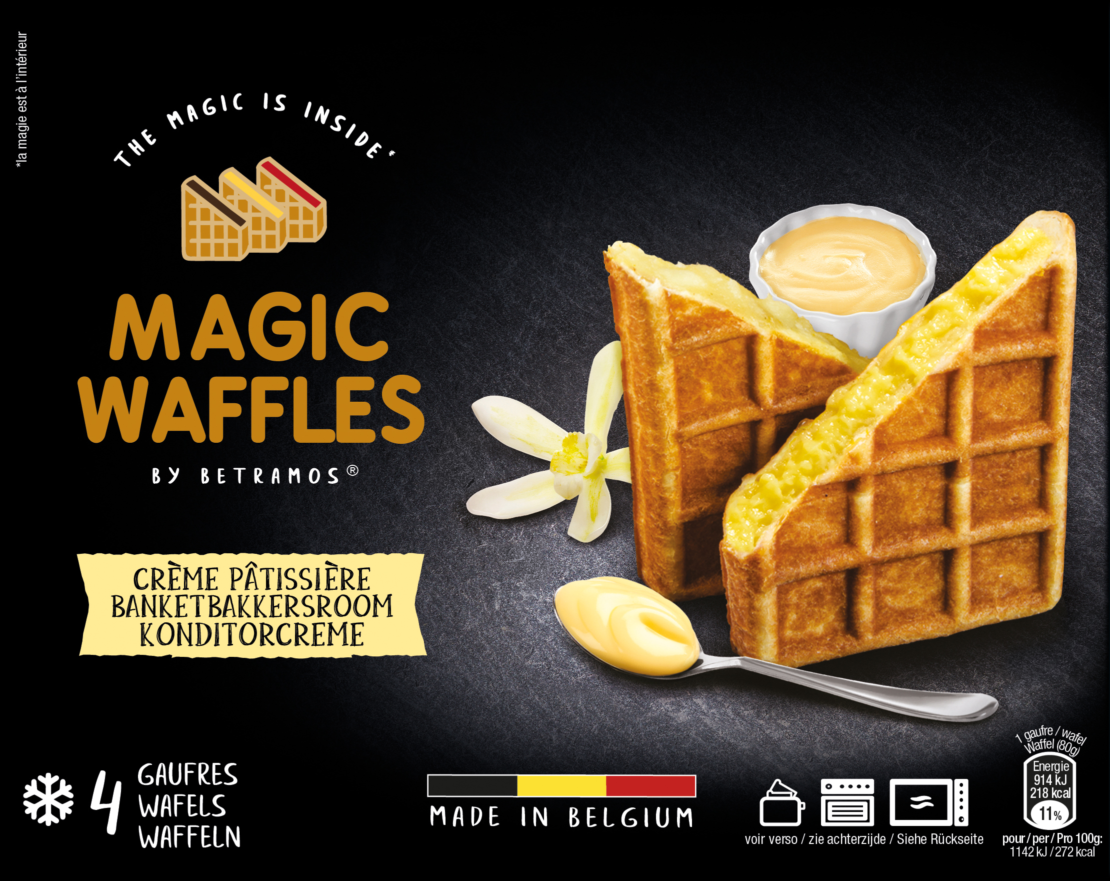 Frozen belgian waffels "Magic Waffles" with  custard cream filling, 4 x 80 g