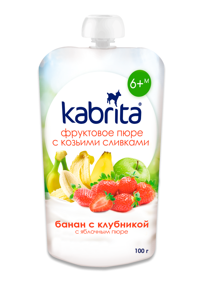 Obuolių, bananų, braškių tyrelė su ožkos pieno grietinėle, nuo 6 mėn.