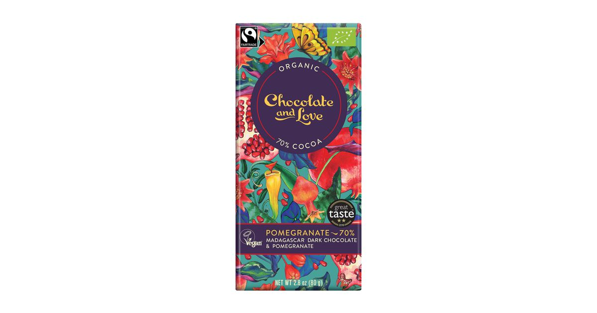 Juodasis šokoladas 70% su granatais, ekologiškas