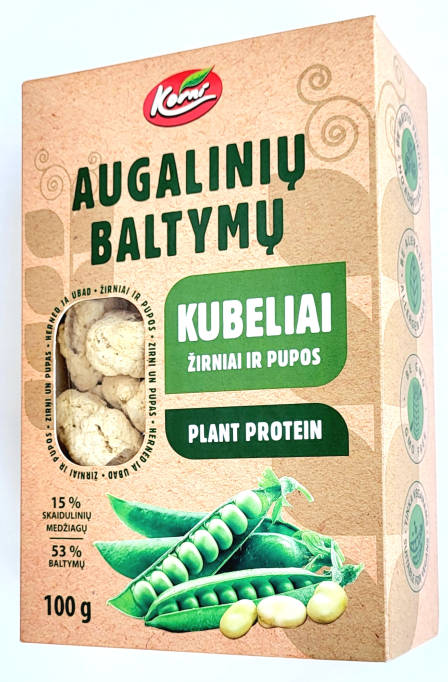 Augalinių baltymų kubeliai KORNI iš žirnių ir pupų baltymų koncentrato, 100 g