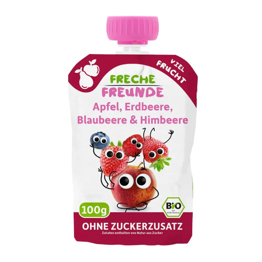 Apple, strawberry, blueberry, and raspberry puree, suitable from 12 months, organic