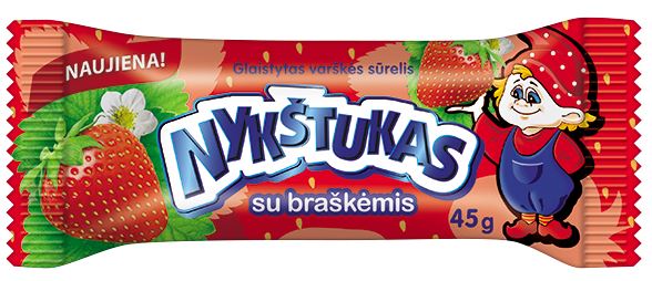Glaistytas varškės sūrelis NYKŠTUKAS su braškėmis, 21% riebumo, 45 g