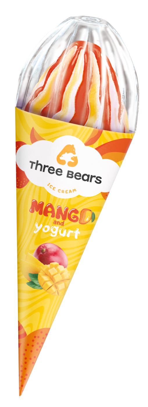 Valgomieji ledai THREE BEARS mangų jogurto skonio, vafliniame ragelyje, 150 g, 270 ml