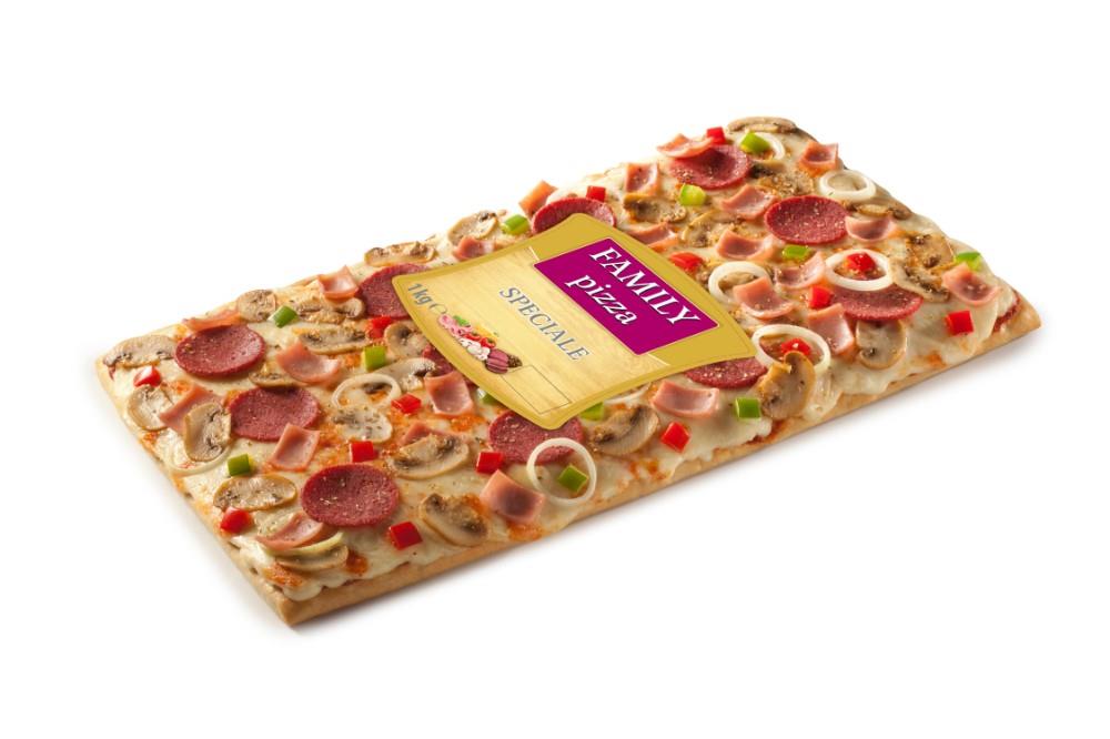 Šaldyta pica  FAMILY, su rūkytu kiaulienos saliamiu, kiaulienos kumpiu ir grybais, 1kg