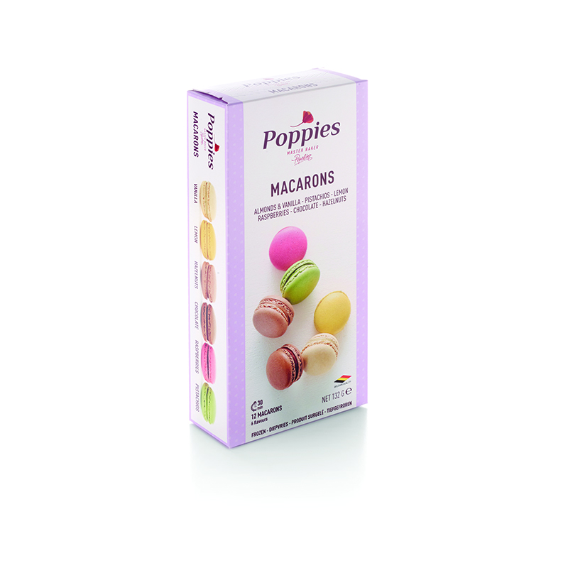 Migdoliniai sausainiai POPPIES Macaroons, 6 skoniai, 12 vnt. x 11 g