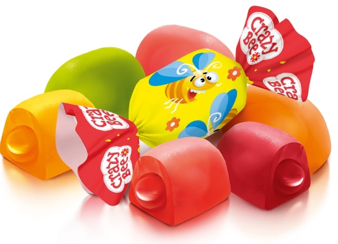 Kramtomieji saldainiai CRAZY BEE FRUTTY, su įvairių skonių įdaru, (1) kg
