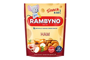RAMBYNO lydytas rūkytas sūrio užkandis su kumpiu 45% 75g