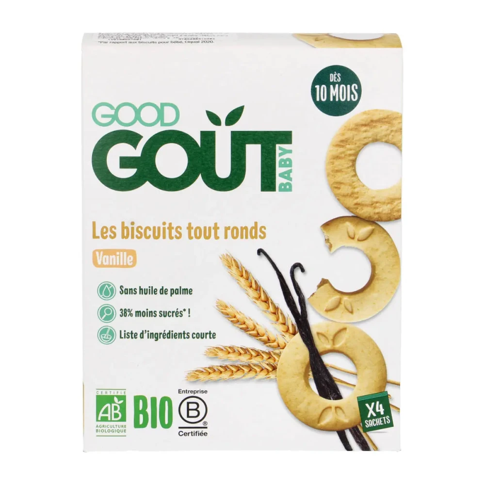 Round vanilla-flavored cookies, suitable for 10 months and up, organic