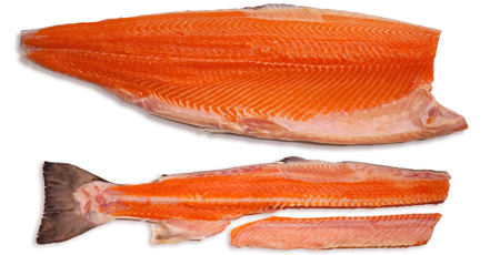 Frozen salmon fillets, skin on, A-trim without bones 1,3 - 2,2 kg