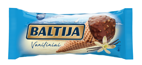 Vaniliniai grietininiai ledai BALTIJA Vanilla, su riešutais ir šokoladiniu glaistu, kūginiai, 140 ml