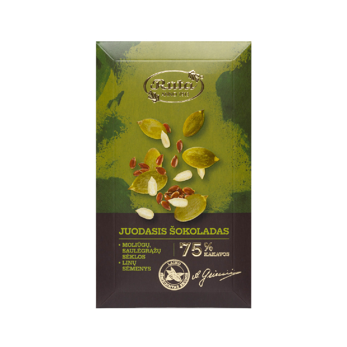 Dark chocolate RŪTA 75% with pumpkin, sunflower seeds and flaxseed,90g