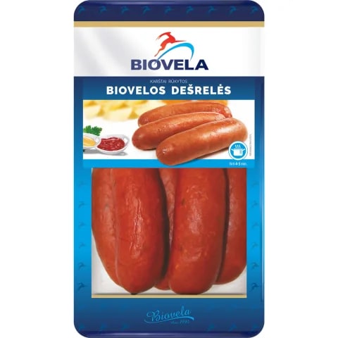 Karštai rūkytos dešrelės BIOVELA, I rūšis, 570 g