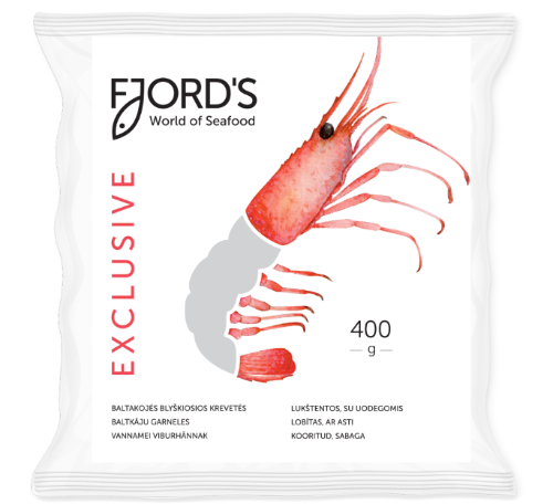 Frozen white leg shrimps FJORD'S, peeled, deveined, tail on, raw, 16/20,400g