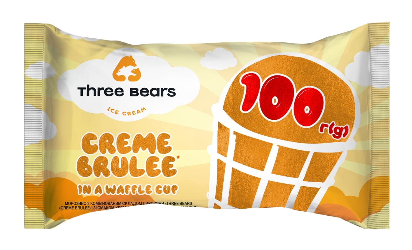 Valgomieji ledai „THREE BEARS“, Creme brulle skonio, vafliniame puodelyje, 100 g, 150 ml