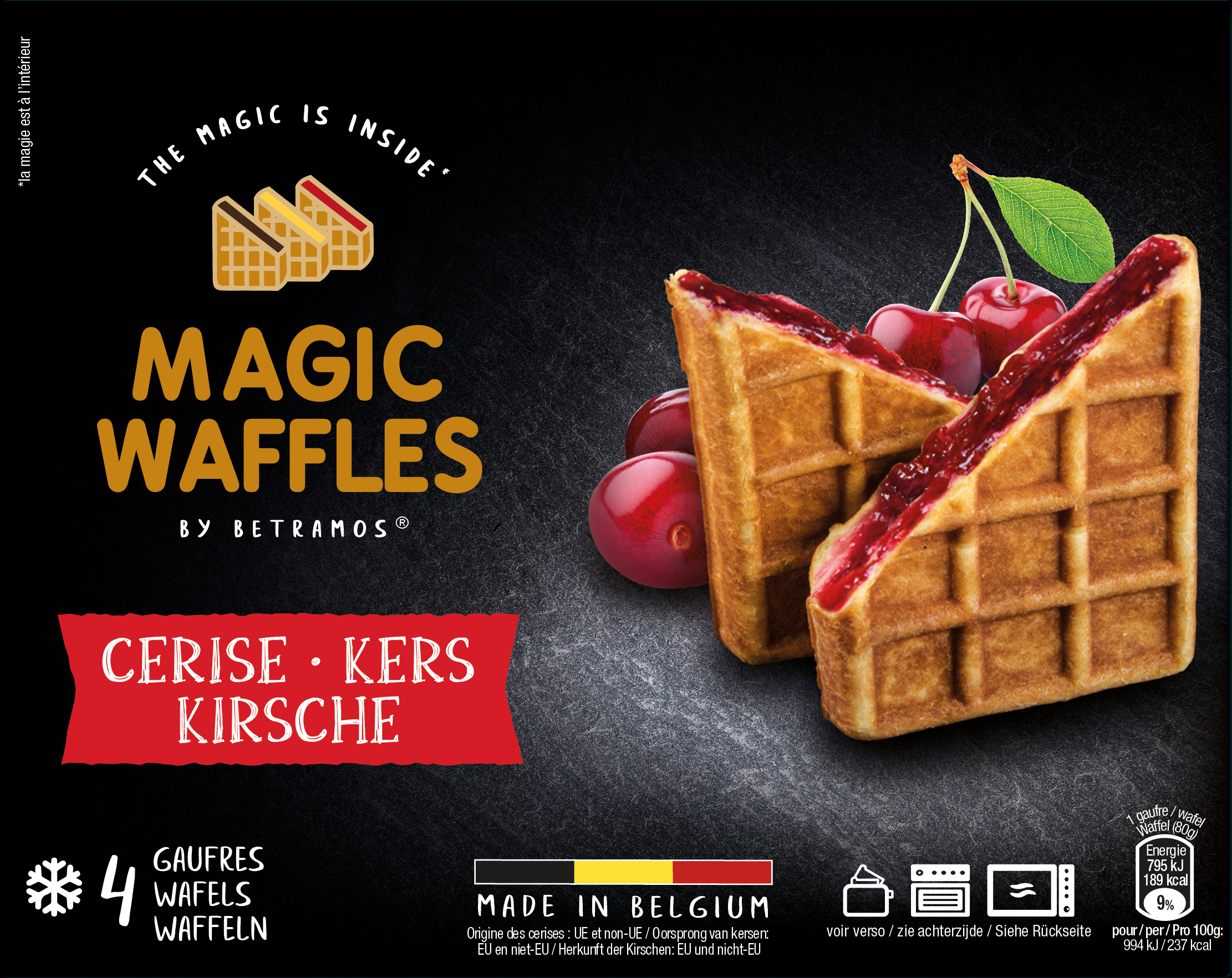 Frozen belgian waffels "Magic Waffles" with cherry filling, 4 x 80 g