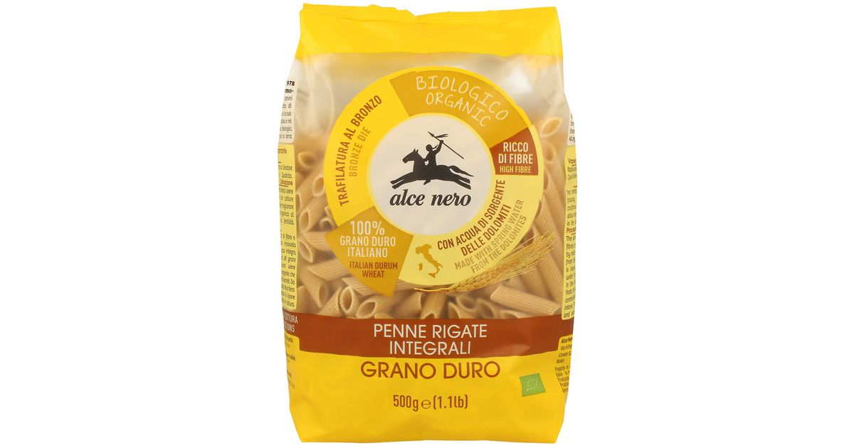 Pilno grūdo kviečių makaronai PENNE RIGATE, ekologiški