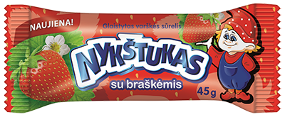 Glaistytas varškės sūrelis NYKŠTUKAS su braškėmis, 21% rieb., 45 g