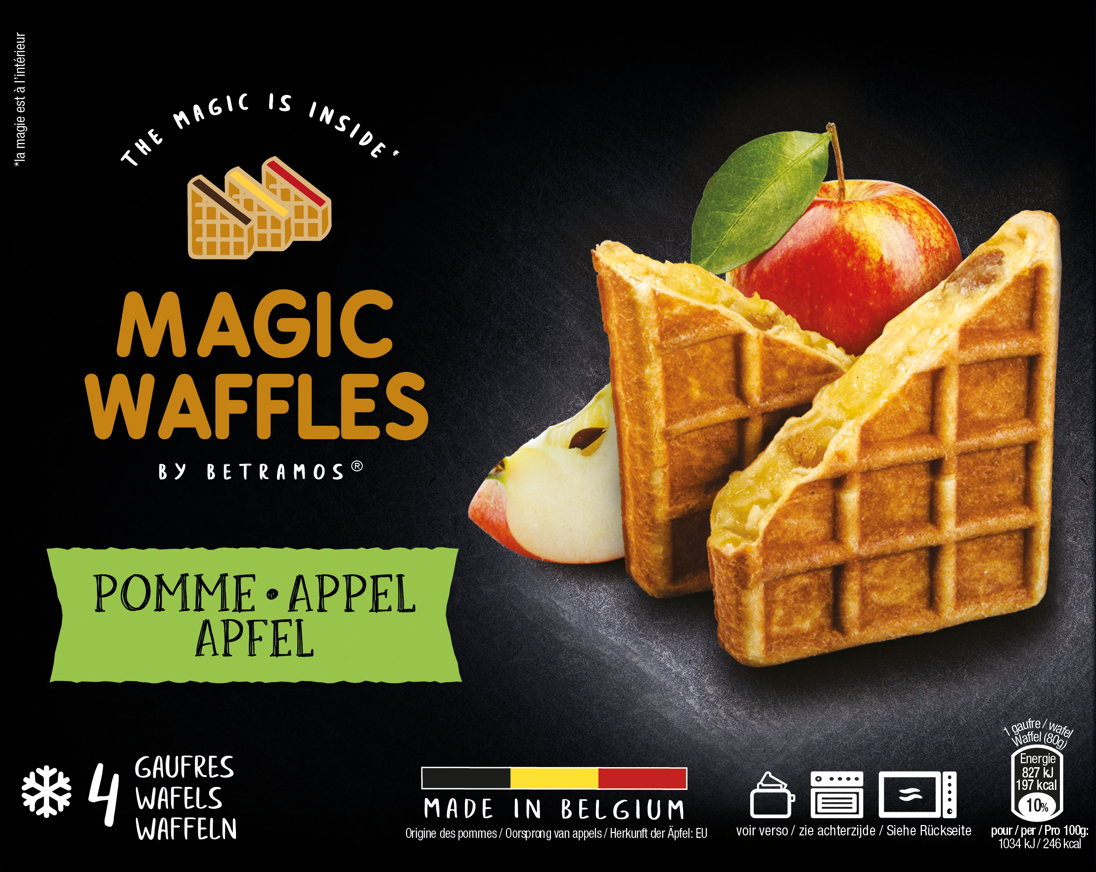 Frozen belgian waffels "Magic Waffles" with apple filling, 4 x 80 g