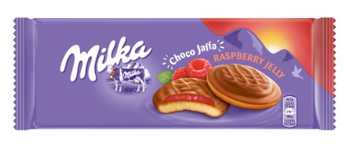 Sausainiai MILKA Jaffa, su aviečių skonio įdaru, 147 g