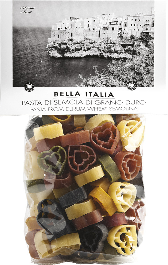 Colored heart-shaped pasta