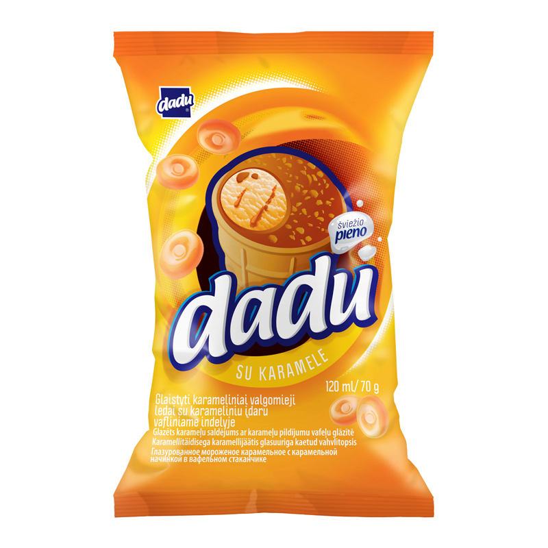 Karameliniai ledai DADU, su karameliniu įdaru ir glaistu, 120 ml / 65 g