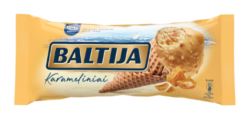 Kondensuoto pieno skonio ledai su karameliniu įdaru BALTIJA Toffee, su biskvitiniu glaistu, 140 ml