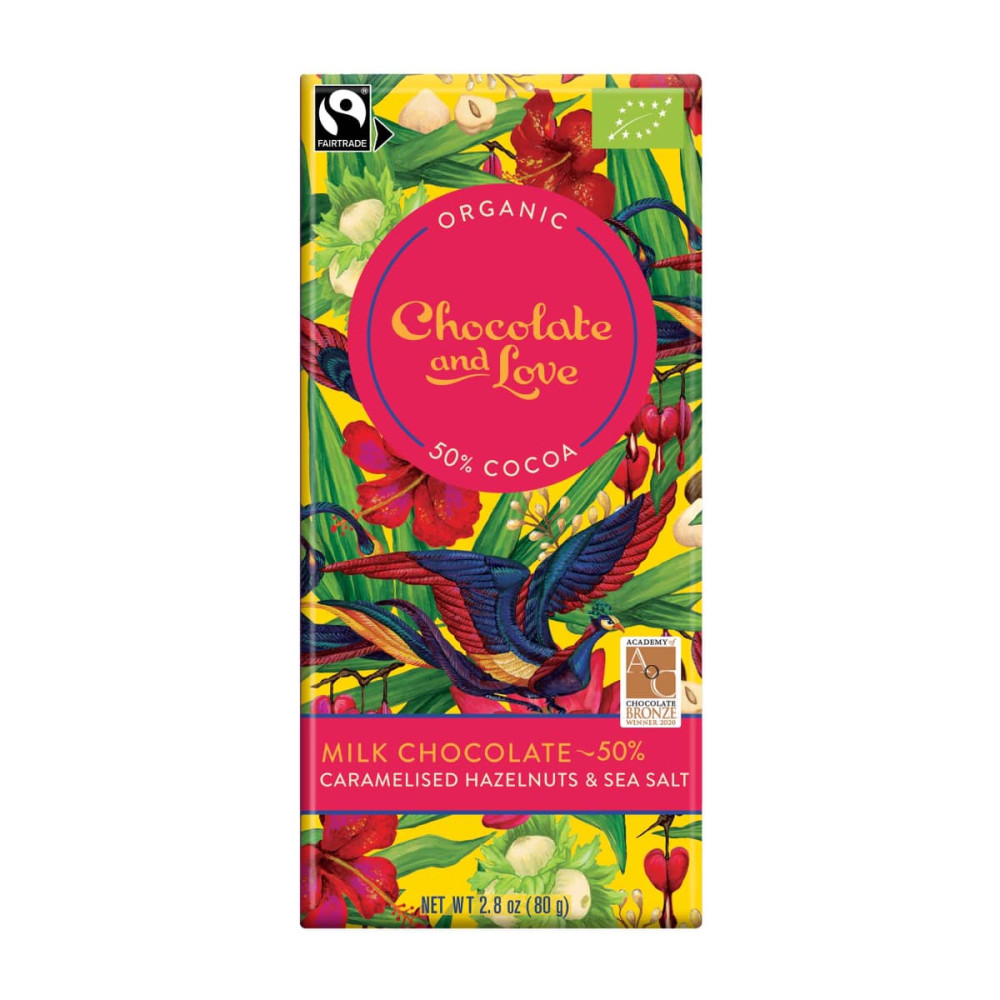 Pieniškas šokoladas CARAMELISED HAZELNUTS AND SEA SALT, 50 %, ekologiškas