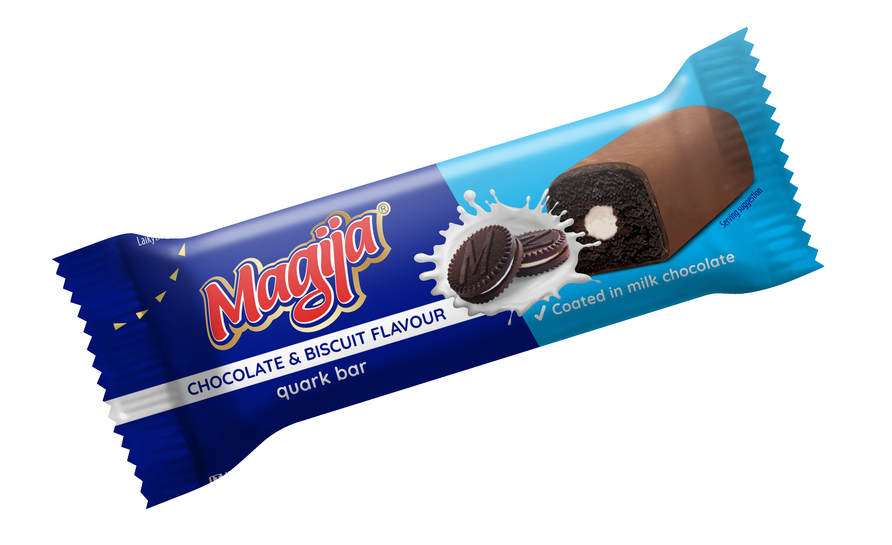 Varškės sūrelis "Magija" su sausainio skonio įdaru aplietas pienišku šokoladu, 21.6% rieb., 40g