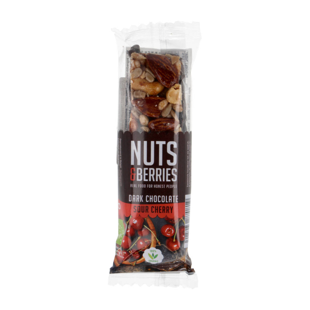 Organic bar with dark chocolate and cherries