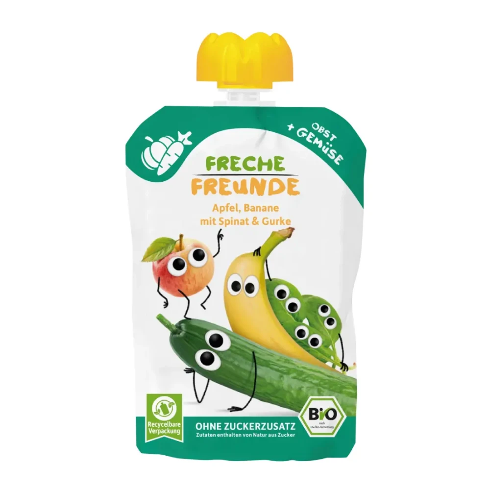 Organic apple, banana, spinach, and cucumber puree, suitable for 12 months and older